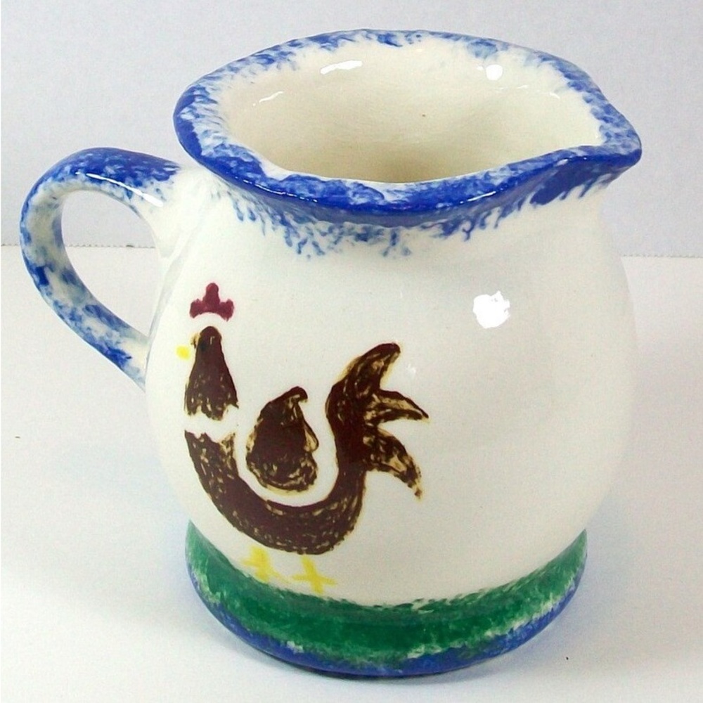 Handmade White Ceramic Creamer With Hand Painted Rooster for Cream or Gravy